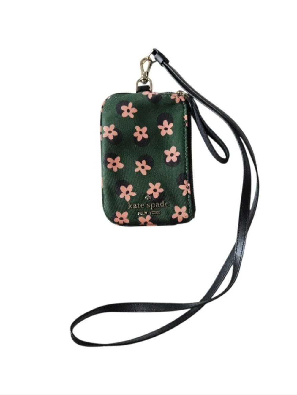 kate spade Green Floral Wristlet with Pink Flowers and Black Lanyard Strap EUC - Picture 1 of 4